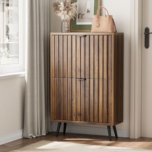 Smart FENDEE Fluted Shoe Storage for Entryway, Walnut Hidden Cabinet with Metal Legs, Organizer with Flip Doors, Slim Entryway Storage by SmartFENDEE