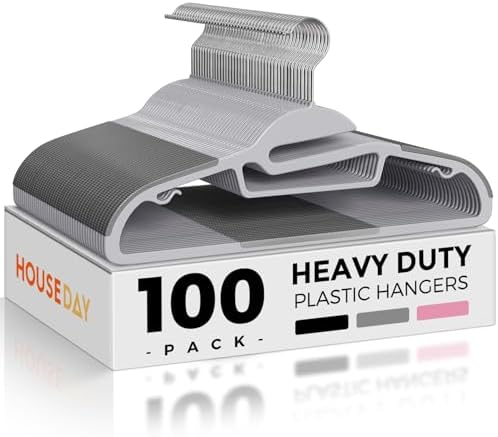 HOUSE DAY Slim Plastic Hangers with Non Slip Rubber Pads, 100 Pack, Grey | Space saving closet organizer, heavy duty S-shape, rubber grip pads help keep shirts, suits, coats, pants, skirts in place by HOUSEDAY
