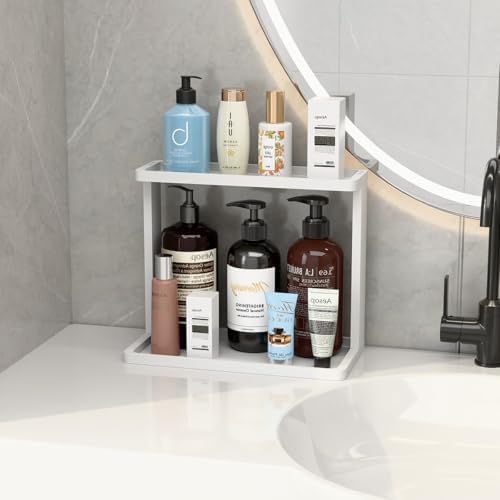 PEKER Bamboo Bathroom Organizer Countertop – Small Vanity Storage Shelf for Makeup, Perfume, Skincare – Natural Cosmetics Display Rack for Dresser, Sink, Kitchen –White - Image 4