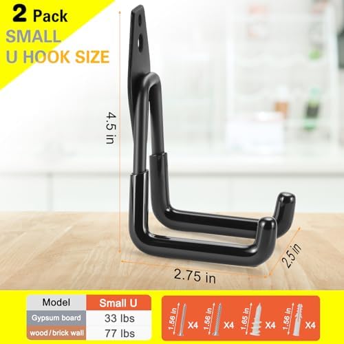 2 Pack Heavy Duty Garage Hooks Storage Organizer Wall Mount Power and Garden Tool Hangers, for Hanging Ladders, Ropes, Hose, Bulk Items - Image 3