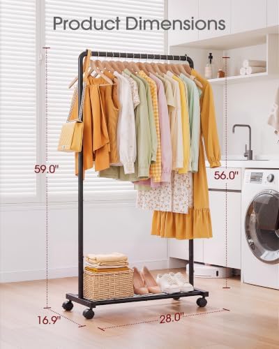 Sakugi Clothes Rack - Clothing Rack with Storage Mesh Shelf & Casters, Heavy-Duty Metal Clothing Rack for Hanging Clothes, Dresses, Coats, Large Load Capacity, Easy Assembly, Black, 28.0"x16.9"x59.0" - Image 4