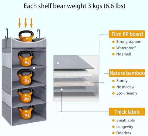 4-Shelf Hanging Closet Organizer and Storage with Side Pockets, Collapsible Closet Hanging Shelves for Storage, Grey - Image 3