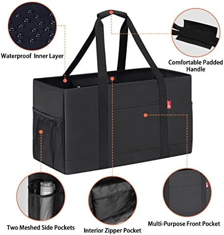 Extra Large Utility Tote Bag, Foldable Reusable Grocery Bags with Metal Wire Frame & Reinforced Bottom Board, Stand Up Large Utility Tote for Shopping, Beach Bag, Laundry, Car (Black) - Image 5