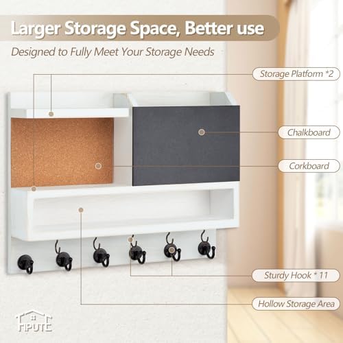 Key Holder for Wall Mount with Mail Organizer, Farmhouse Key Holder for Wall with Shelf, Chalkboard&Corkboard, Entryway Organizer 11 Metal Hooks, Decorative Natural Pine Wood, 14.6*11.1*3.3”, A-White - Image 5