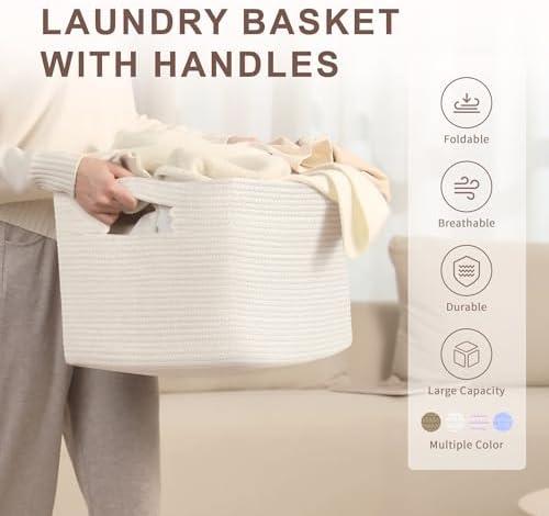 45L Small Woven Laundry Basket Hamper with Handles, White - Image 4