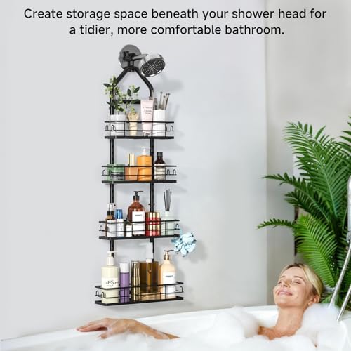 4 Tier Shower Caddy Hanging, Adjustable Shower Overhead Caddy Rustproof, No Drilling Standing Shower Caddy Handing Shower Racks for Bathroom Shampoo Soap Storage - Image 2