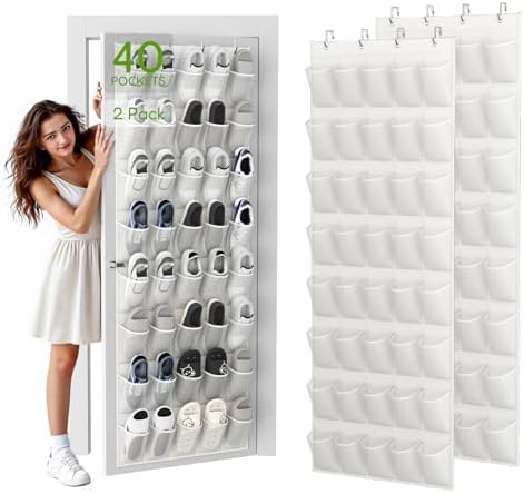 Over the Door Shoe Organizer with 40 Large Breathable Mesh Pockets, Space Saving Shoe Holder, Hanging Shoe Rack for Entryway Bedroom Closet Storage (White, 80 Pockets) by Unjumbly