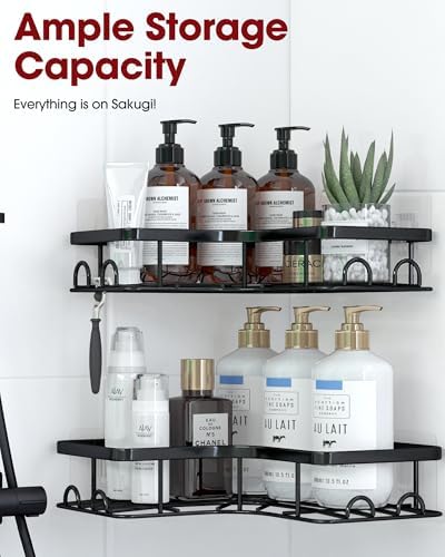 Sakugi Corner Shower Caddy - 2 Pack, Adhesive Shower Organizers, Rustproof Stainless Steel Shower Shelves with 8 Hooks, No Drilling Bathroom Organizers and Storage Racks, Space-Saving, Black, Large - Image 4