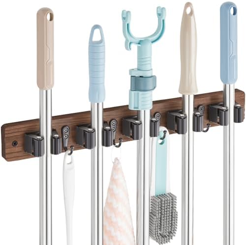 OUTNILI Mop and Broom Holder Wall Mount - Wood Broom Mop Hanger - Wall Mounted Garden Tool Rack Organizer for Closet Garage Laundry Room for Rustic Kitchen Decor With 5 Slots & 4 Hooks by OUTNILI