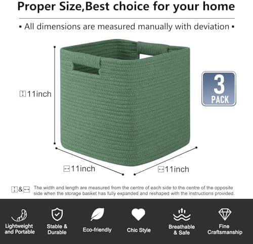 OIAHOMY Storage Cubes 11 Inch Storage Bins 3-Pack Square Baskets Green - Image 3