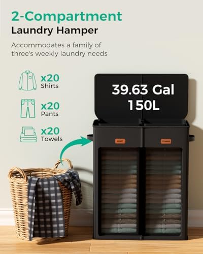 150L Double Laundry Hamper with Lid – 2-Section Clothes Hamper with Removable Bag for Bathroom, Bedroom, Laundry Room & Dorm - Image 5