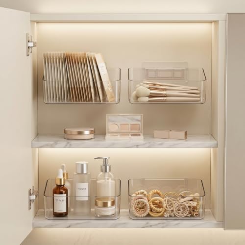 JessLab Clear Cabinet Door Organizer Bin, Angled Open Front Design, Small Acrylic Makeup Storage for Kitchen Spices, Cosmetics, Desk Supplies, Adhesive Mounted, 1 Compartment (1 Pack) - Image 5