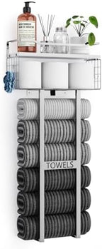 Aetyord Towel Racks for Bathroom - Wall Mounted Metal Rack with Wood Plank, Bathroom Storage Organizer, Towel Holder Stores 6 Large Rolled Towels Easily, Silver with White Plank by Aetyord