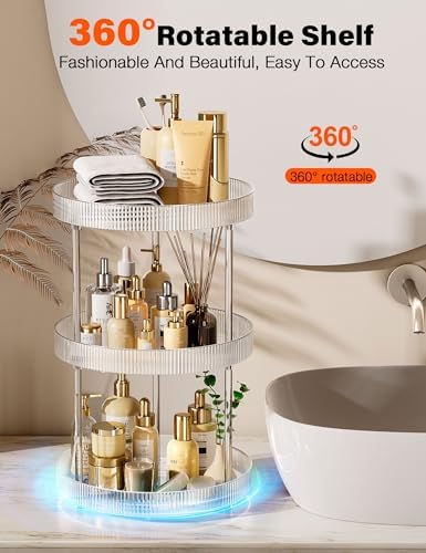 3 Tier Lazy Susan Bathroom Countertop Organizer, 360° Clear Rotating Makeup Cosmetic Perfume Storage Tray, Spinning Vanity Organizer Shelf for Bathroom Cabinet, Dresser, Kitchen(Large) - Image 3