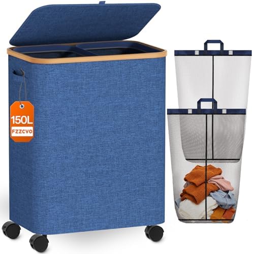 Double Laundry Basket with Wheels and Lid, 150L Clothes Hampers for Laundry by Fzzcvo