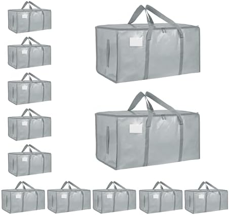 12 Pack-Extra Large Heavy Duty Moving Bags - Waterproof Storage Totes with Handles & Zippers, Foldable for College Dorm, Storage (light gray) by Unknown