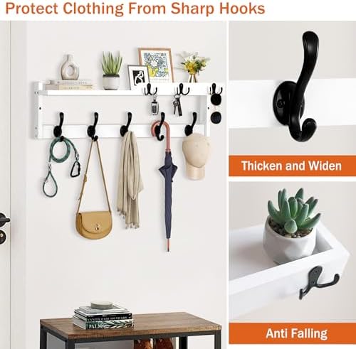 29'' Coat Rack Wall Mount with Shelf, Coat Hanger Wall Mount with Key Hooks and Mail Holder, Wood Entryway Floating Shelf with Hooks and Storage, Hat Rack for Wall Key Holder Mail Organizer - Image 3