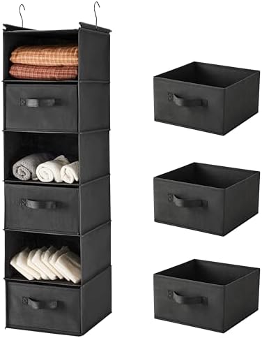 MAX Houser 6 Tier Foldable Hanging Closet Organizer with Hooks, Black-D3 | foldable lightweight fabric closet storage with 3 Drawers, space-saving design for Bedroom, Closet Hanging Shelf for Storage by MAXHouser