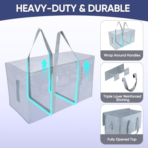 TICONN 4 Pack Extra Large Moving Bags Heavy Duty with Zippers & Carrying Handles, Durable Storage Bags Moving Boxes for Closet Organizers and Storage (4 Pack, Light Grey) - Image 3