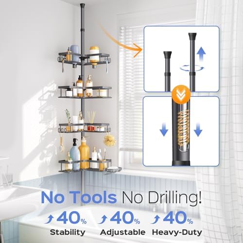 HAMITOR Shower Caddy Tension Pole: 4-Tier Corner Bathroom Organizer Shelf with Soap Holder & Hooks - No-Drill Adjustable Standing Storage Rack for Apartment Renters - 47-123 Inch Black - Image 3