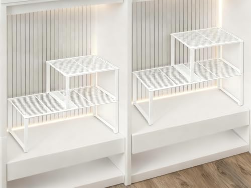 Extendable Metal Wire Shelf Organizer - Adjustable 15-24.4in Length, Stackable Storage Rack for Kitchen/Pantry/Bathroom/Shoe Cabinet/Tool Closet (4, White) by HGZBS