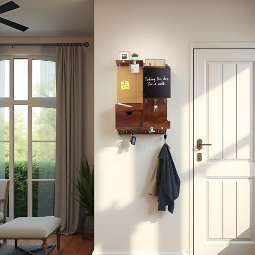Key Holder Wall Mount with Drawer and Mail Organizer, Vintage Brown - Image 4