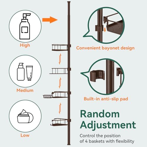 Corner Shower Caddy Tension Pole, 4 Tier Rustproof Shower Tension Rod Organizer, Adjustable 25-125 Inch Bathroom Shower Organizer Shelves for Bathtub Shampoo Storage, Brown - Image 5