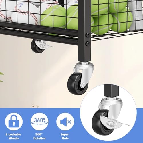 OYEAL Freestanding Ball Rack with Wheels Garage Basketball Storage Cart Outside Sports Equipment Organizer Ball Holder with Storage Baskets for Basketball, Soccer, Volleyball, Football, Black - Image 6