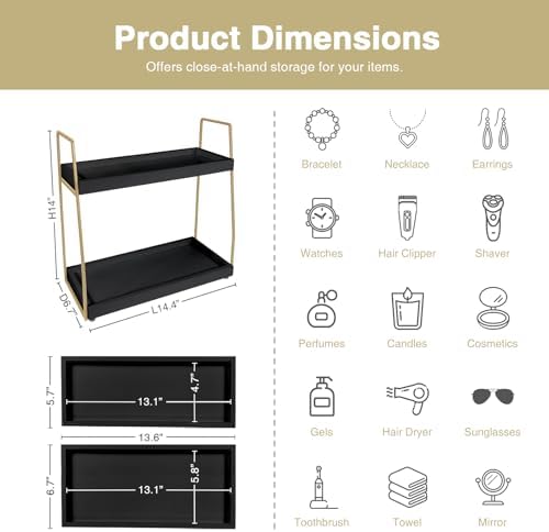 Forbena Black and Gold Bathroom Organizer Countertop, 2 Tier Counter Organizer for Bathroom Decor, Modern Sink Shelf Organizers for Vanity Storage, Make upTray for Makeup Bedroom - Image 2