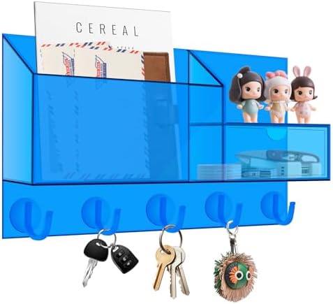Acrylic Key Holder Wall Mount Mail Organizer for Wall with Shelf Storage Drawer and 5 Hooks, Blue by HappyDino
