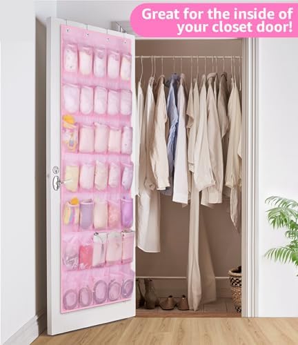 MISSLO 35 Large Pockets Over The Door Shoe Organizer Sturdy Oxford Fabric Hanging Shoe Rack for Door Mesh Closet Shoe Holder Hanger, Pink - Image 6