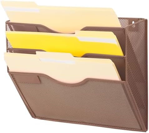EASEPRES 3 Pocket Mesh Hanging Wall File Organizer, Wall Mounted Mail Paper Document Folder Holder, Clipboard Storage Organization Magazine Rack with Nametag Label for Office Home School, Brown by EASEPRES