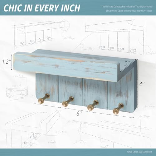 Rebee Vision Key Holder Wall Mount with Shelf for Entryway, Distressed Blue - Image 5