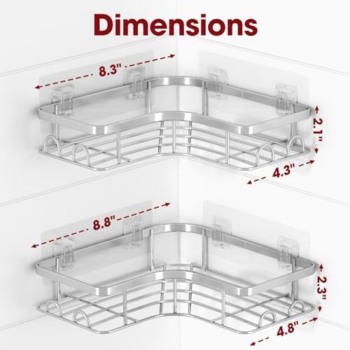 Sakugi Corner Shower Caddy - 2 Pack, Adhesive Shower Organizers, Rustproof Stainless Steel Shower Shelves with 8 Hooks, No Drilling Bathroom Organizers and Storage Racks, Space-Saving, Silver, Large - Image 2