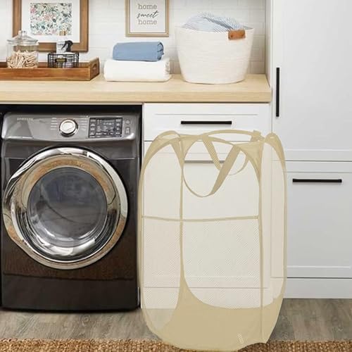 BATTOO Deluxe Strong Mesh Pop up Laundry Hamper Basket with Side Pocket for Laundry Room, Bathroom, Kids Room, College Dorm or Travel Beige - Image 2