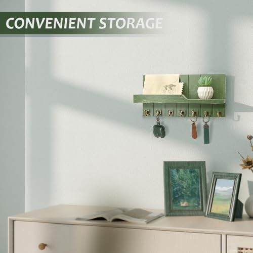Rebee Vision Key Holder Wall Mount with Shelf &7 Hooks for Entryway, Green - Image 4