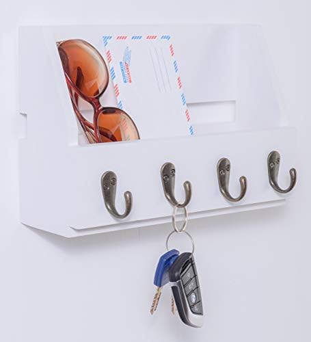 Wall Mounted Key and Mail Holder with 4 Hooks. Made of Solid Wood. Use as Key Rack, Entryway or Mudroom Organizer, Mail Sorter, Magazine Holder, Bill Sorter, Rustic Home Décor (White) - Image 2