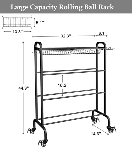 Ball Organizer with Wheels, 4 Tier Basketball Storage Cart, Black - Image 4