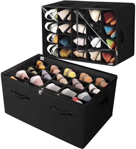 TOPIA HOME Shoe Organizer for Closet 2 Pack, Foldable Shoe Box with Adjustable Divider and Clear Cover, Space Saving Shoe Storage Organizer Cabinet with Reinforced Handles, Fits 40 Pair, Black, TP11B by TOPIAHOME