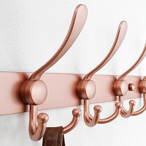 Dseap Coat Rack Wall Mounted - 5 Tri Hooks, Heavy Duty, Stainless Steel, Metal Coat Hook Rail for Coat Hat Towel Purse Robes Mudroom Bathroom Entryway (Rose Gold, Pack of 2) - Image 3