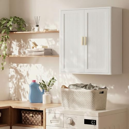 INNOD Bathroom Storage Cabinet, Over The Toilet Storage Cabinet, Medicine Cabinet with Adjustable Wood Shelf & Doors for Laundry Room & Kitchen & Living Room(White) - Image 7