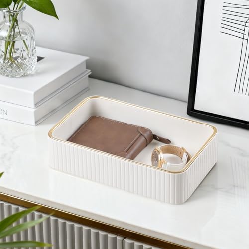 Desk Organizer Tray, PU Leather Nightstand Organizer, Ivory, Small - Image 2