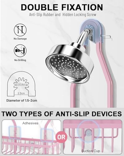 Pink Shower Caddy for Bathroom - Never Rust Hanging Shower Organizer with Soap Basket and Hooks - Large Capacity 3 Tier Aluminum Over The Showerhead Caddy - Image 3