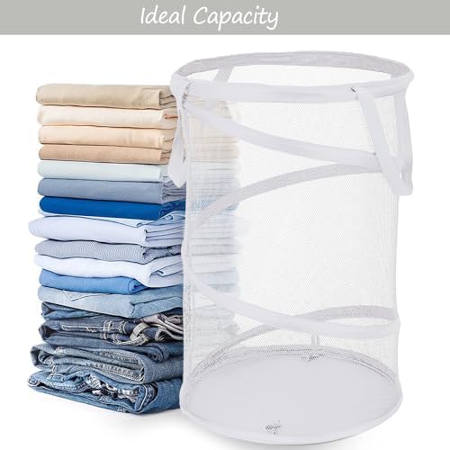 BATTOO Collapsible Laundry Basket Foldable Mesh Pop Up Hamper with Handles for Laundry Room, Bathroom, Kids Room, College Dorm, Travel, Storage Organizer White - Image 4