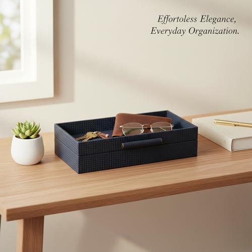 Dark Gray Woven PU Leather Catchall Tray for Desk, Vanity, and Entryway Organization - Image 2