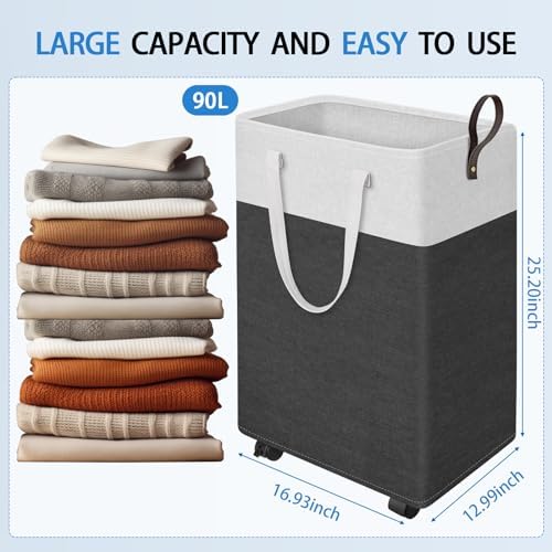 HomeHacks 90L Rolling Laundry Basket with 4 Wheels Collapsible Gray - Image 2