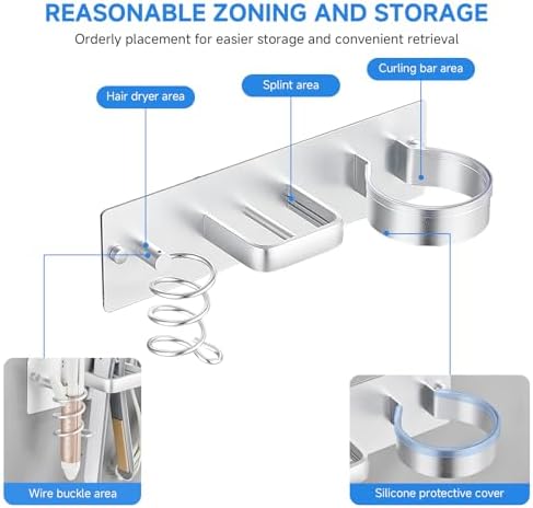 Hair Dryer Holder Wall Mounted,Blow Dryer, Curling Iron, Straightener Holder 3 in 1 Bathroom Metal Hair Tool Organizer Rack-Silver-1 - Image 5