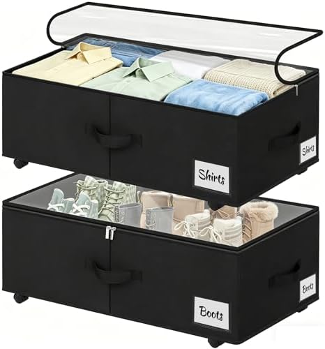 Under Bed Storage with Wheels, 2 Pack Underbed Storage Containers with Clear Lid & Label, XXL 75L Easy Assembly Rolling Under Bed Shoe Storage for Clothes, Shoes, Blankets, Black(28.3 X 16.5 X 9.5 in) by Unknown