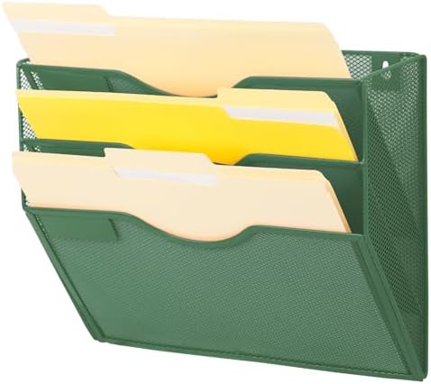 EASEPRES 3 Pocket Mesh Hanging Wall File Organizer, Wall Mounted Mail Paper Document Folder Holder, Clipboard Storage Organization Magazine Rack with Nametag Label for Office Home School, Dark Green by EASEPRES
