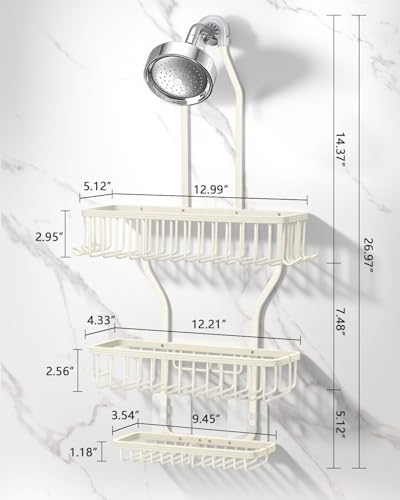 Shower Caddy Hanging - Never Rust Shower Hanging Organizer - Aluminum Over the ShowerHead Caddy with Soap Basket and 6 Hooks for Razor/Sponge (Milky White) - Image 2
